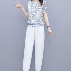 ATTERLIC 女款圓領線條印花短袖T恤抽繩運動長褲套裝