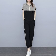 ATTERLIC 女款休閒連帽拉鍊短袖T恤 + 鬆緊腰運動褲套裝 00786