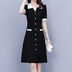 ATTERLIC V領中央鈕扣短袖喇叭中長版洋裝 00858 含大尺碼, 黑色