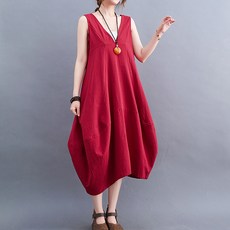 아뗄릭 통기성 린넨 민소매 뒤 스트랩 브이넥 롱 원피스 00784 빅사이즈 포함