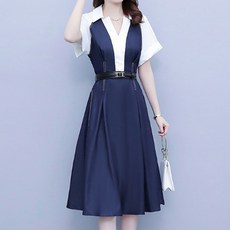 아뗄릭 카라넥 배색 스티치 데님 벨티드 미디 원피스 00842 빅사이즈 포함