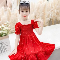 女童款皺褶泡泡袖飄逸連身裙