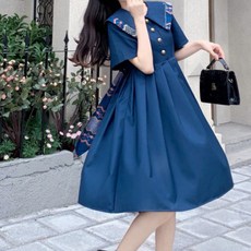 MeiChel 大尺碼水手領褶襉短袖連衣裙, 藍色的