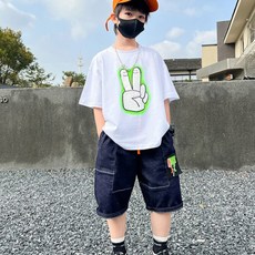 오렌지다몸 남아용 왕브이 반팔티 청반바지 세트