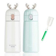 PUKO 麋鹿造型彈蓋式保溫瓶 270ml 2入組+杯刷組, 白色+薄荷綠(保溫瓶) 隨機出貨(杯刷), 1組