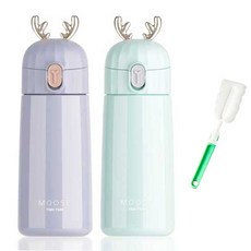PUKO 麋鹿造型彈蓋式保溫瓶 270ml 2入組+杯刷組, 灰色+薄荷綠(保溫瓶) 隨機出貨(杯刷), 1組