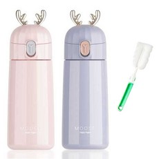 PUKO 麋鹿造型彈蓋式保溫瓶 270ml 2入組+杯刷組, 粉色+灰色(保溫瓶) 隨機出貨(杯刷), 1組