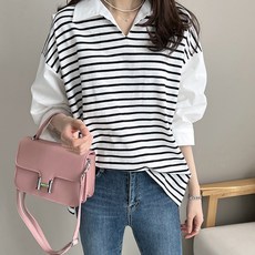 PAPERMENTS 女款V領條紋拼接七分袖T恤