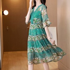 아뗄릭 브이넥 플라워 프릴 7부소매 시스루 미디 원피스 00814 빅사이즈 포함