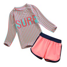 GOING KIDS 女童款SURF印花條紋長袖泳衣+撞色短泳褲