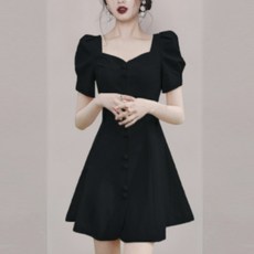 ViVEMO 方領袖口抓皺泡泡袖修身迷你連身裙 01229, 黑色