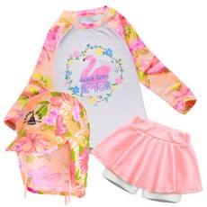 GOING KIDS 女童款紅鶴印花插肩長袖泳衣+短泳褲裙+遮陽帽