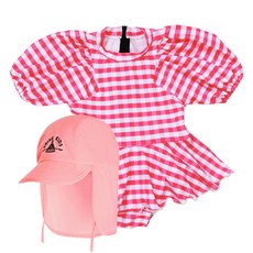 GOING KIDS 女童款格紋短袖連身泳衣+遮陽帽