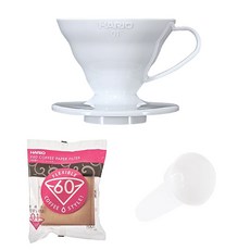 HARIO V60 PP手沖咖啡濾杯 VD-01T 1~2人份適用+咖啡濾紙 VCF-01-100M 100入+量勺, 1組, 白色(濾杯)+棕色(濾紙)