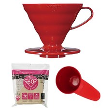 HARIO V60 PP手沖咖啡濾杯 VD-02R 3~4人份適用+咖啡濾紙 VCF-02-100M 100入+量勺, 1組, 紅色(濾杯)+棕色(濾紙)