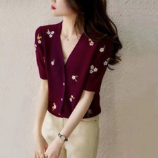페이퍼먼츠 여성용 빈티지 플라워 자수 브이넥 여름 가디건 01742