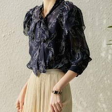 페이퍼먼츠 리본넥 기하학 패턴 쉬폰 블라우스 01946