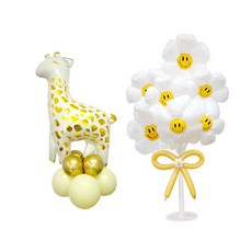 微笑雛菊氣球插牌 + 金色長頸鹿氣球柱套組, 2套, 金色(長頸鹿), 鍍鉻金色(13cm氣球), 馬卡龍黃色(30cm氣球), 黃色, 白色(260氣球)
