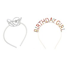 FLO-J 皇冠珍珠頭帶+生日頭帶套組, 1套, 銀色（皇冠珍珠髮帶），彩虹（生日髮帶）