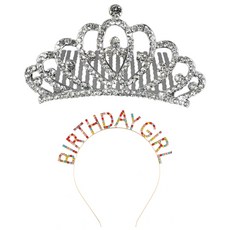 FLO-J 皇冠立方鑽頭針+生日頭帶套組, 1套, 銀色（皇冠立方位別針），彩虹（生日頭帶）