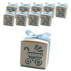Gloliving 答謝禮品 生日禮物 包裝盒 嬰兒車 + 緞帶組合, 10套, 天藍色