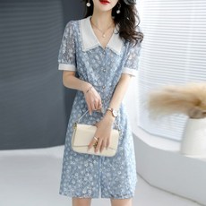 PAPERMENTS 娃娃領雛菊印花短袖連身裙, 藍色