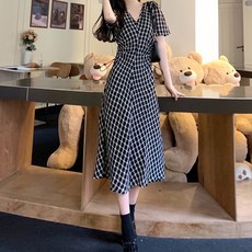 메이첼 허리트임 복고 체크 브이넥 원피스 00737 빅사이즈 포함