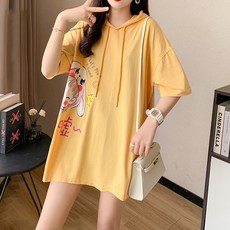 메이첼 여성용 통기성 후드넥 일러스트 프린팅 반팔 티셔츠 00810