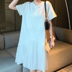 MeiChel Daily 刻字短袖褶襉中長連衣裙 00624, 白色的