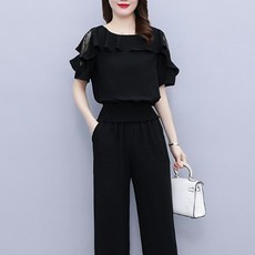 ATTERLIC 荷葉領短袖上衣高腰寬褲兩件式套裝 00867