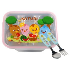 aizoum 萌雞小隊圖案不鏽鋼湯匙+叉子+餐盒盤組, 湯匙+叉子+便當盒, 混色