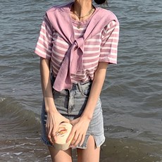 메이첼 여성용 숄더가드 스트라이프 반팔 니트 티셔츠 00911