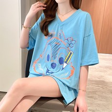 메이첼 여성용 통기성 루즈핏 캐릭터 낙서 브이넥 티셔츠 00906