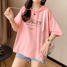 메이첼 여성용 통기성 루즈핏 스마일 후드 반팔 티셔츠 00903