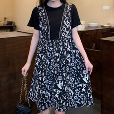 메이첼 캐주얼 라운드넥 패턴 프린팅 반소매 플레어 원피스 00679 빅사이즈 포함