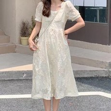 페이퍼먼츠 진주넥라인 레이스플라워 자수 반팔 롱 원피스 01937 빅사이즈 포함