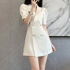 비비에모 캐주얼 더블카라넥 퍼프소매 버튼 정장 미니 원피스 01259 빅사이즈 포함
