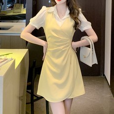 Paperments 翻領撞色腰部抓皺褶飾迷你連身裙 01897, 黃色