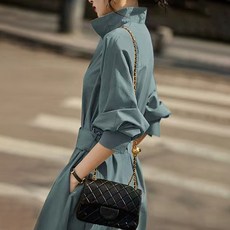 ViVEMO 女款長袖休閒風衣收腰中長版連身裙 01240, 藍色