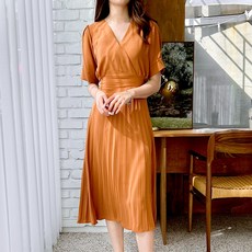 비비에모 허리라인 포인트 퍼프소매 단아한 단색 모임룩 주름 롱 원피스 00208