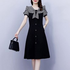 ATTERLIC 格紋荷葉邊蝴蝶結領連身裙 00941 含大尺碼, 黑色