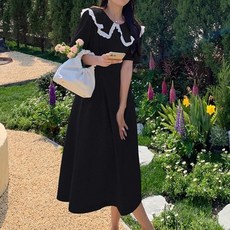 페이퍼먼츠 캐주얼 핀턱 프릴 카라 반팔 롱 원피스 02047 빅사이즈 포함