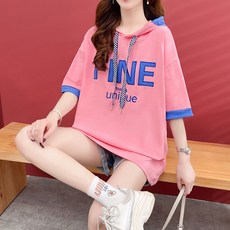 MeiChel 字母印花長版連帽短袖T恤