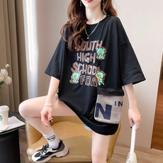 메이첼 여성용 통기성 빅포켓 루즈핏 캐릭터 레터링 라운드 티셔츠 00901