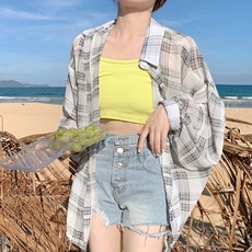 MeiChel 女款透膚格紋長袖襯衫