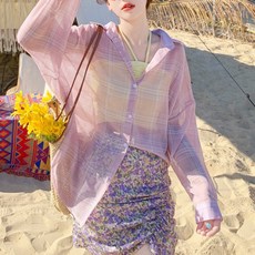 메이첼 여성용 시스루 체크 긴팔 셔츠 00667