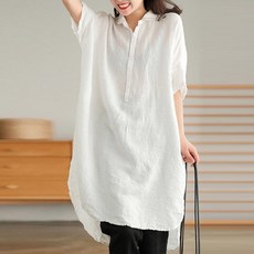 아뗄릭 여성용 통기성 루즈핏 언밸런스 린넨 롱 반팔 셔츠 00920