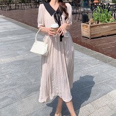 페이퍼먼츠 레트로 도트 리본 카라 플리츠 롱 원피스 02048 빅사이즈 포함