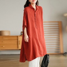 아뗄릭 여성용 통기성 루즈핏 언밸런스 린넨 롱 반팔 셔츠 00920