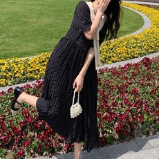 페이퍼먼츠 레트로 도트 리본 카라 플리츠 롱 원피스 02048 빅사이즈 포함